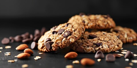 Canvas Print - A pile of freshly baked cookies with chocolate chips and nuts. Perfect for food blogs or baking recipes