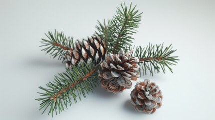 Poster - Pine cones and a pine tree branch on a white surface. Perfect for winter and nature-themed projects