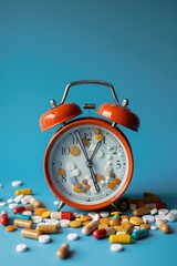 Aufkleber - Medical concept with pills and alarm clock on blue background. Suitable for healthcare or time management themes