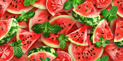 Poster - Juicy watermelon slices garnished with refreshing mint leaves. Great for summer-themed designs or healthy eating concepts
