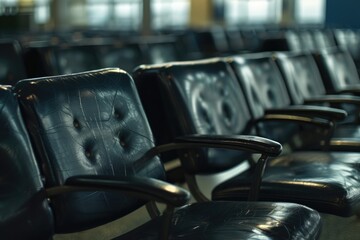 Poster - Row of black leather chairs in an airport. Suitable for travel and waiting room concepts