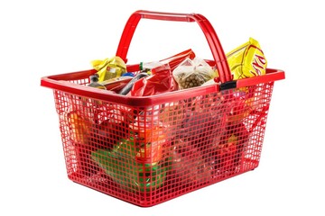 Poster - A red shopping basket filled with various items. Ideal for retail or grocery concepts