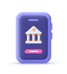 Poster - Smartphone with bank building. Online banking, credit and loan concept. 3d vector icon. Cartoon minimal style.