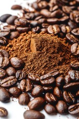 Wall Mural - A pile of coffee beans next to a pile of ground coffee. Ideal for coffee shop promotions