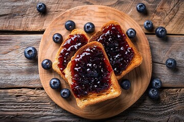 Wall Mural - Toast breads with sweet blueberry jam on wooden table