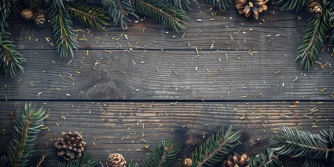 Aufkleber - A rustic wooden table covered with pine cones and pine needles. Perfect for holiday and nature themed designs