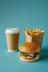 Wall Mural - A delicious meal of hamburger, french fries, and coffee. Perfect for food concepts