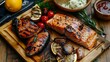 With salmon steaks beef roast pork tenderloin pork chops halibut chicken wings grilled fruit breads and drink