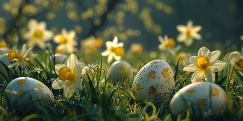Poster - A field of white and yellow flowers with an egg in the middle. Suitable for spring or Easter-themed designs