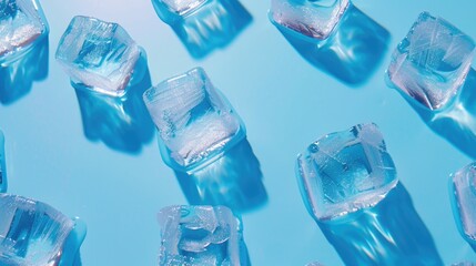 Poster - Group of ice cubes on a blue surface, ideal for summer-themed designs
