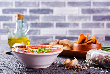 Canvas Print - Traditional Ukrainian Russian borscht . Bowl of red beet root soup borsch with lard and dark bread