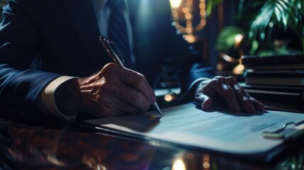 Poster - A man in a suit writing on a piece of paper. Suitable for business and office concepts