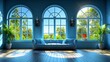   A living room featuring a blue cushioned couch and three expansive windows overlooking a lush, tropical landscape dotted with tree lines