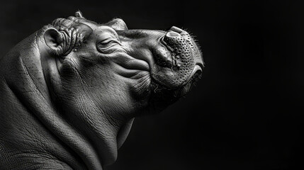 Poster -   A black-and-white image of a hippo with closed eyes and head on hind legs