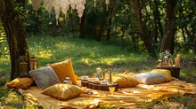 Outdoor Picnic Set Up With Golden Pillows