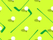 Seamless pattern with golf clubs and balls on a green field. Golf club and golf ball in minimalist style. Design of typography, banners and posters, advertising products. Vector illustration