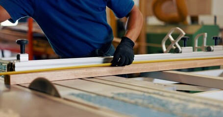 Wall Mural - Hands, man and carpenter with measurement for wood at workshop for furniture and design. Closeup, carpentry and tape or tools on startup business for manufacturing in warehouse, factory as handyman