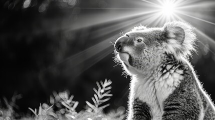 Sticker -   A koala in monochrome sits on a tree branch beneath shining sun