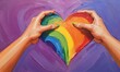 Watercolor illustration of hands holding an LGBT rainbow heart, symbolizing love, acceptance,  inclusivity, diversity and unity within the LGBTIQA+ community. Pride month, Pride Day