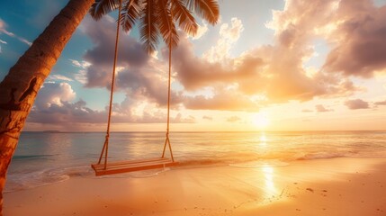 Wall Mural - Romantic beach sunset. Palm tree with swing hanging before majestic clouds sky. Dream nature landscape, tropical island paradise, couple destination. Love coast, closeup sea sand. Relax pristine beach