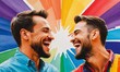Vibrant watercolor illustration with happy smiling LGBTIQA+ couple - two joyful laughing young gay men celebrating Pride month or Pride Day on rainbow colorful background. 