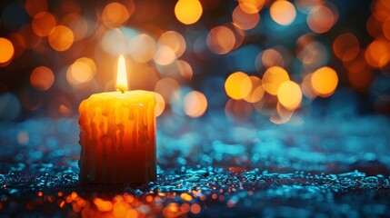 A single candle flame flickers in the foreground, casting a warm glow on the dark blue water below. The background is a deep blue bokeh, with bright orange lights twinkling in the distance.