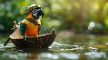 Colorful Pirate Parrot Sailing On A Coconut Shell Boat In The Tropical Seas