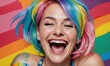 Portrait of laughing happy woman with colorful rainbow hair and tattoo against a vibrant rainbow LGBT background. Smiling LGBTIQA+ queer female celebrating Pride month. 