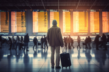 Poster - AI generated photography of happy person on station waiting for plane registration