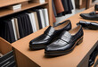 Schwarze Business Leder Schuhe in edlem schwarzem Krokodilleder, pröäsentiert in einem Ladengeschäft