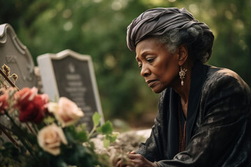 Wall Mural - Photography of a sad crying elderly woman standing at the grave in the cemetery generative ai technology