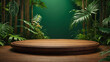 Wooden pedestal podium for product presentation in tropical forest. AI generative.