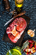 raw meat on board, meat with spice