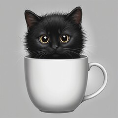 Poster - tiny cute black kitten sitting in a tea cup in bright colours 