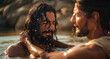 Bible, Christian and baptism and Jesus in water for religion, spiritual cleanse and biblical story with John. Gospel, Christian prophet and men in river for faith, belief and worship in holy ritual
