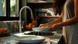 dishwashing in a white modern kitchen, focusing on the close-up of a woman's hands and arms as she meticulously cleans the scene.