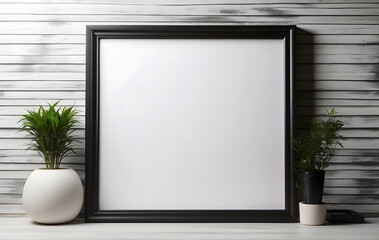 Wall Mural - Blank white frame with dark border against black background, Empty blank photo frame mockup design