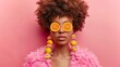 © Ryzhkov - Joyous Fruit Spectacles: Woman Embracing Fun with Fruit Kebabs for International Children's Day