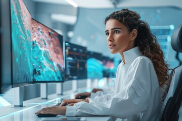 Aufkleber - Middle Eastern Female Scientist Analyzes Climate Data in High-Tech Lab