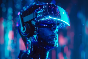 Poster - Man wearing virtual reality headset, with holographic elements around