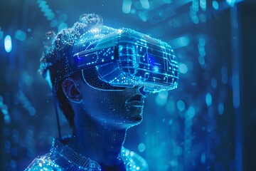 Poster - Man wearing virtual reality headset, with holographic elements around