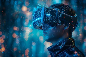 Poster - Man wearing virtual reality headset, with holographic elements around