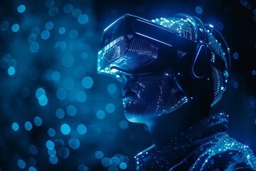 Poster - Man wearing virtual reality headset, with holographic elements around