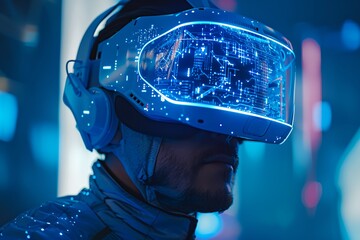 Poster - Man wearing virtual reality headset, with holographic elements around