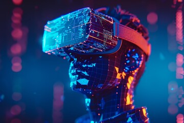 Poster - Man wearing virtual reality headset, with holographic elements around
