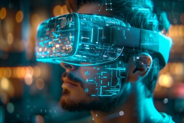 Poster - Man wearing virtual reality headset, with holographic elements around