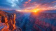 Breathtaking sunset over a majestic canyon with a visible suspension bridge in a rugged landscape