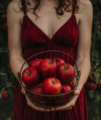 Wall Mural -   A woman in a red dress holds a basket filled with red apples before a bush with verdant green leaves