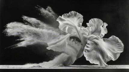   A monochrome image of a woman wearing a floral dress with a prominent bloom situated in its midsection