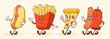Groovy Pizza, Hotdog and French Fries Characters Illustration. Retro Cartoon Fast Food Mascot Walking Smiling Vector Set Happy Snacks Vintage Rubber Hose Style Drawings Collection